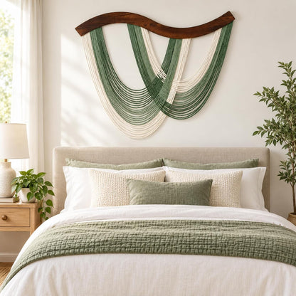 Green Macrame Wall Hanging Dip Dyed Yarn Wall Art, Modern Boho Decor