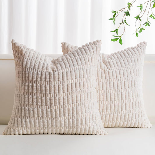 Pack of 2 Corduroy Decorative Throw Pillow Covers 18x18 Inch, Cream White