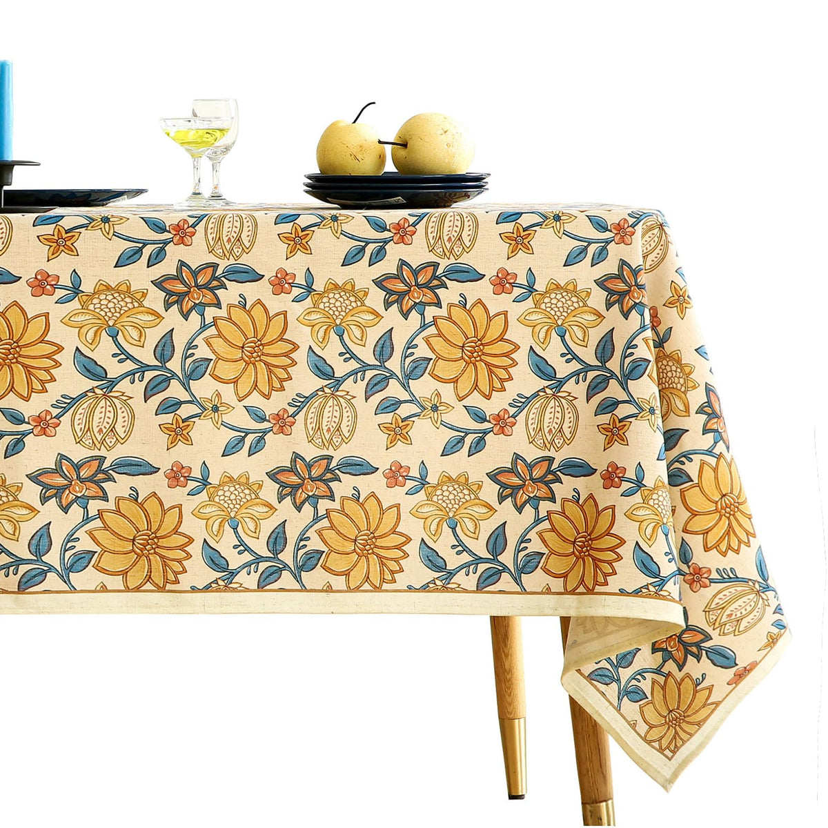 ISAENNE Designer French Linen Rectangular Tablecloth,118"x67"-Cornucopia
