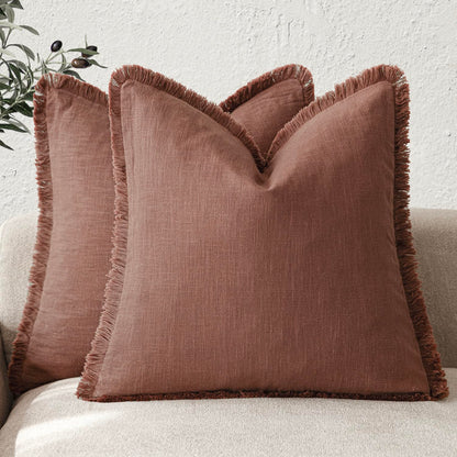 Foindtower Decorative Linen Fringe Throw Pillow Covers 20×20 Olive Green