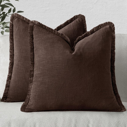 MIULEE Linen Fringe Decorative Throw Pillow Covers Natural Beige 20x20