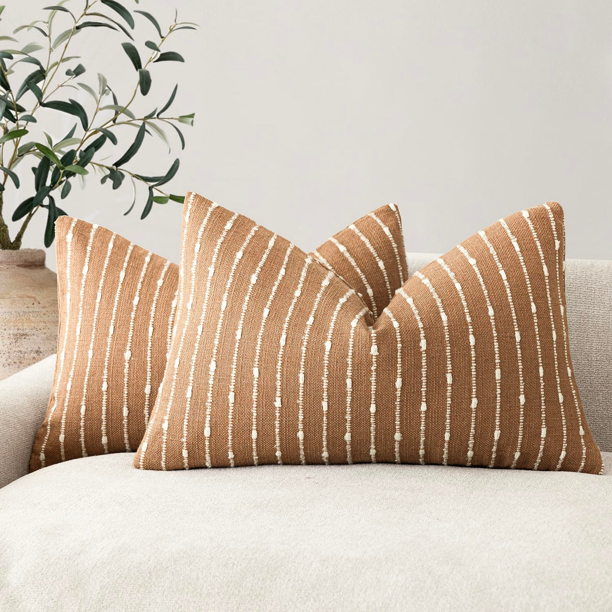 Foindtower Decorative Striped Boucle Throw Pillow Covers 18x18 Inch Camel
