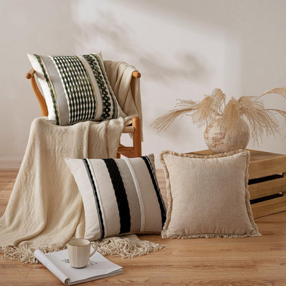 ANRODUO Boho Decorative Pillow Covers Olive Green Stripe 18x18 Pack of 2
