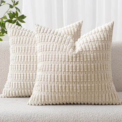 MIULEE Corduroy Decorative Throw Pillow Covers 18x18 Cream White Pack of 2