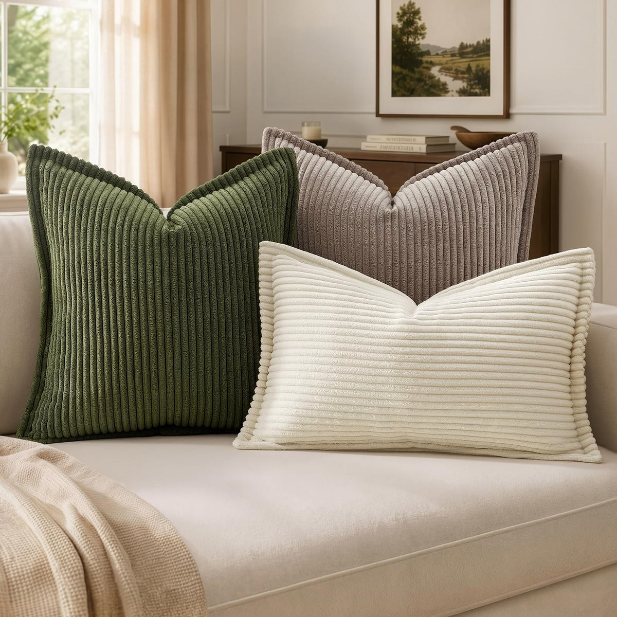 MIULEE Couch Pillow Covers 18x18 Olive Green Textured Corduroy