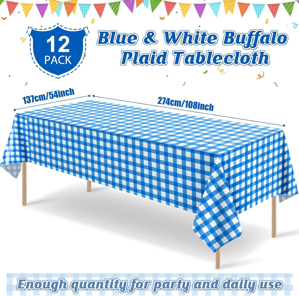 12 Pack Blue and White Plastic Checkered Tablecloth, Premium Decorative Disposable Blue Gingham Plaid Table Cloths for Parties, Rectangle Party Table Cover for Picnic Farm Birthday Wedding, 54x108Inch