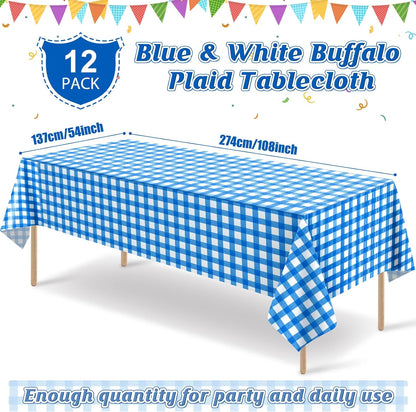 12 Pack Blue and White Plastic Checkered Tablecloth, Premium Decorative Disposable Blue Gingham Plaid Table Cloths for Parties, Rectangle Party Table Cover for Picnic Farm Birthday Wedding, 54x108Inch