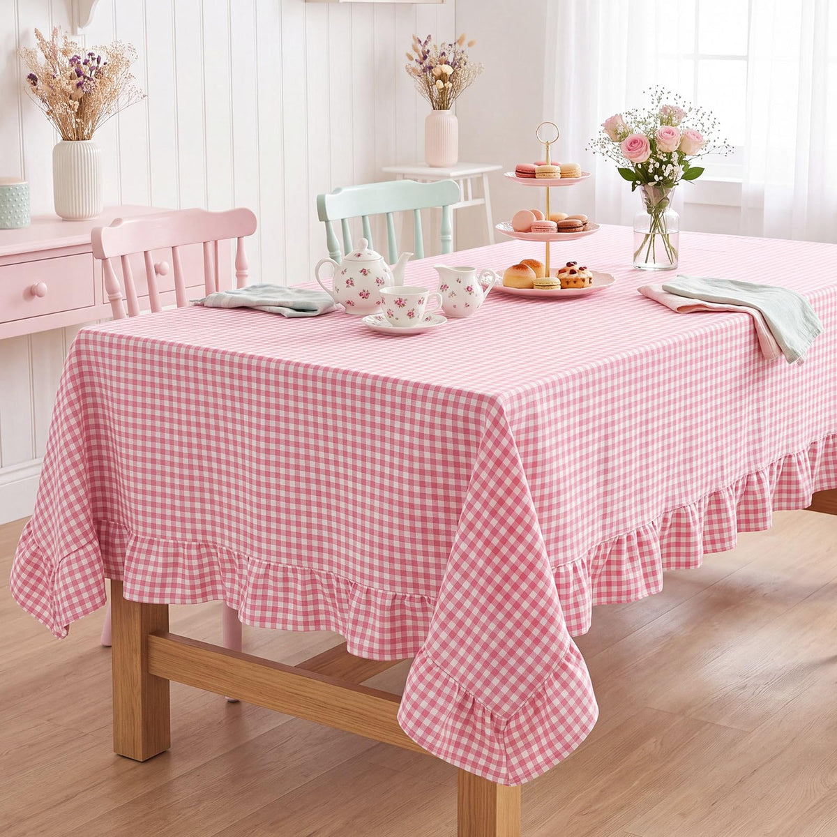 Mindsoft Light Pink Gingham Ruffled Tablecloth, 52 x 70 Inches, Rectangle
