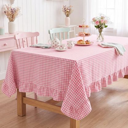 Mindsoft Light Pink Gingham Ruffled Tablecloth, 52 x 70 Inches, Rectangle