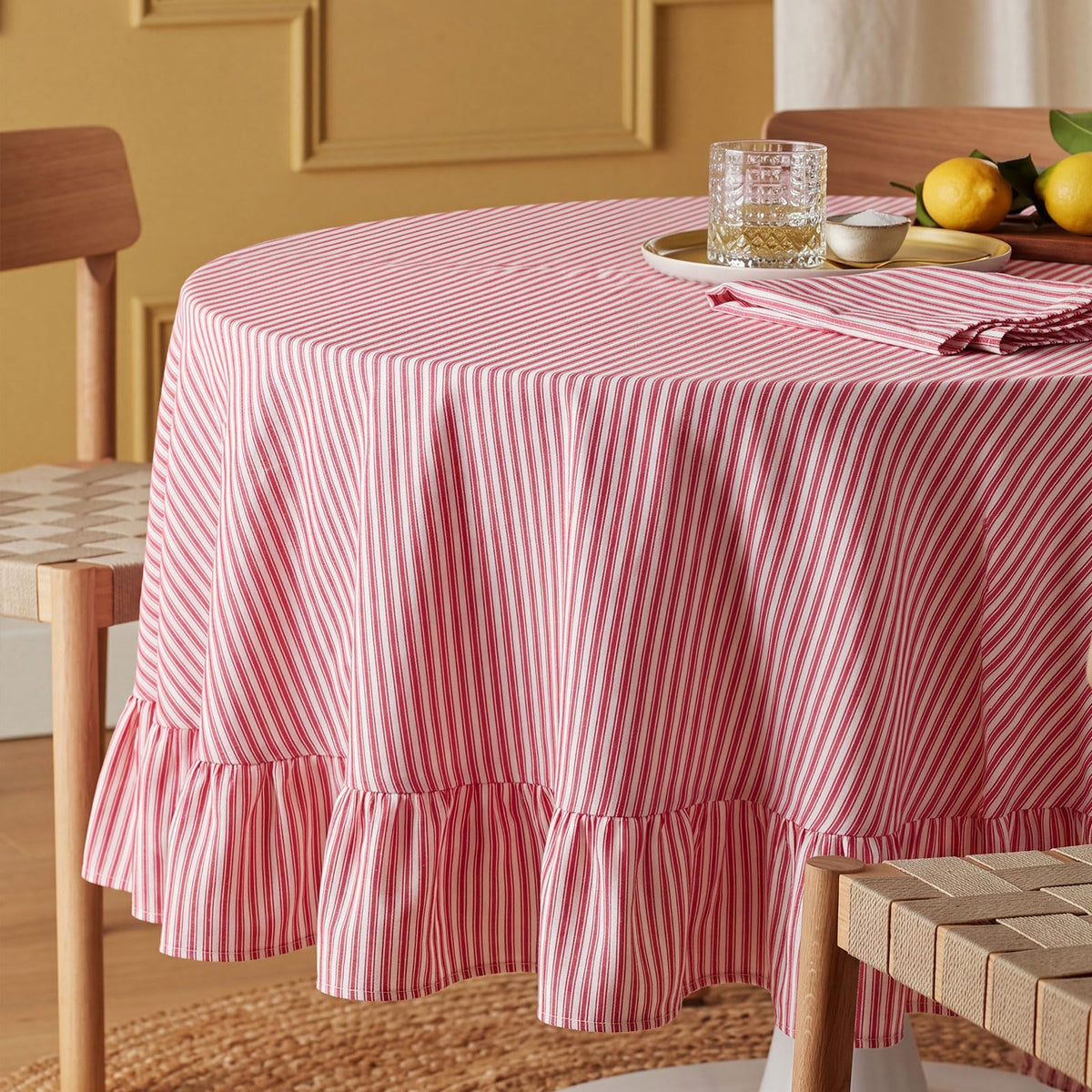 Moukeren 60 x 120 in Farmhouse Ruffle Striped Tablecloth, Pink, Striped