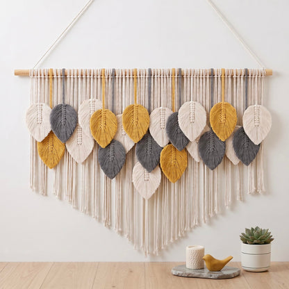 Tempospark Macrame Wall Hanging, 43"x32" Boho Wall Tapestry, Large Wall Art for Bedroom, Living Room, Dining Room, Nursery, Gallery, Office (Leaf&Bead)