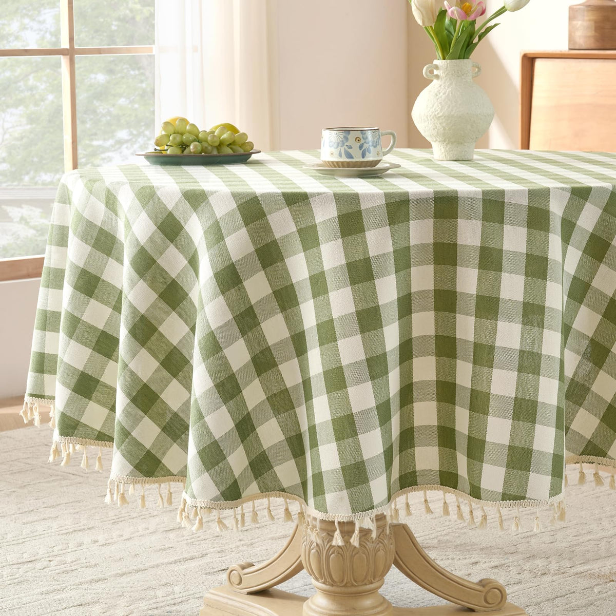 Softalker Gingham Rectangle Tablecloth with Tassel, Sage Green, 55" x 84"