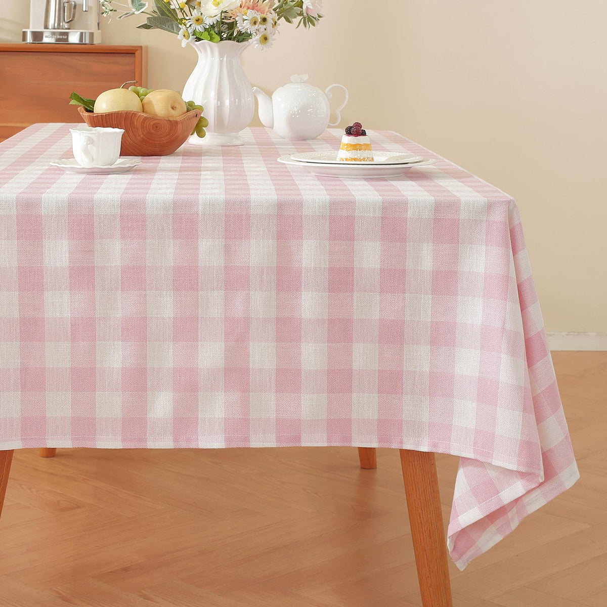 Alsoo Checkered Tablecloth Rectangle Gingham Table Cloth Washable Cotton Linen Fall Thanksgiving Buffalo Plaid Table Cover for Picnic Kitchen Dining Room, Orange and White, 60 * 75 inch