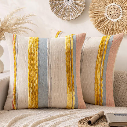 ANRODUO Boho Decorative Pillow Covers Olive Green Stripe 18x18 Pack of 2