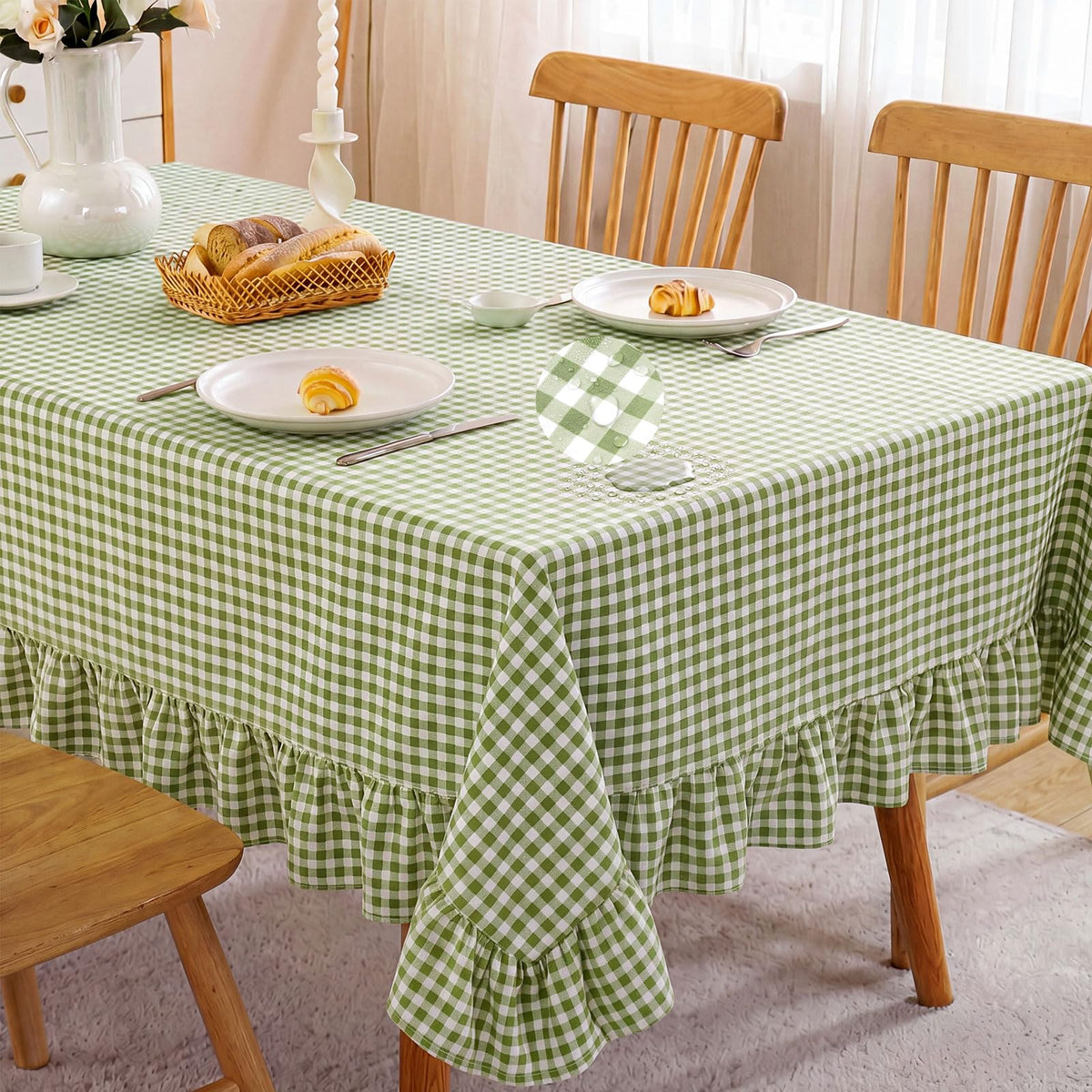 Mindsoft Light Pink Gingham Ruffled Tablecloth, 52 x 70 Inches, Rectangle