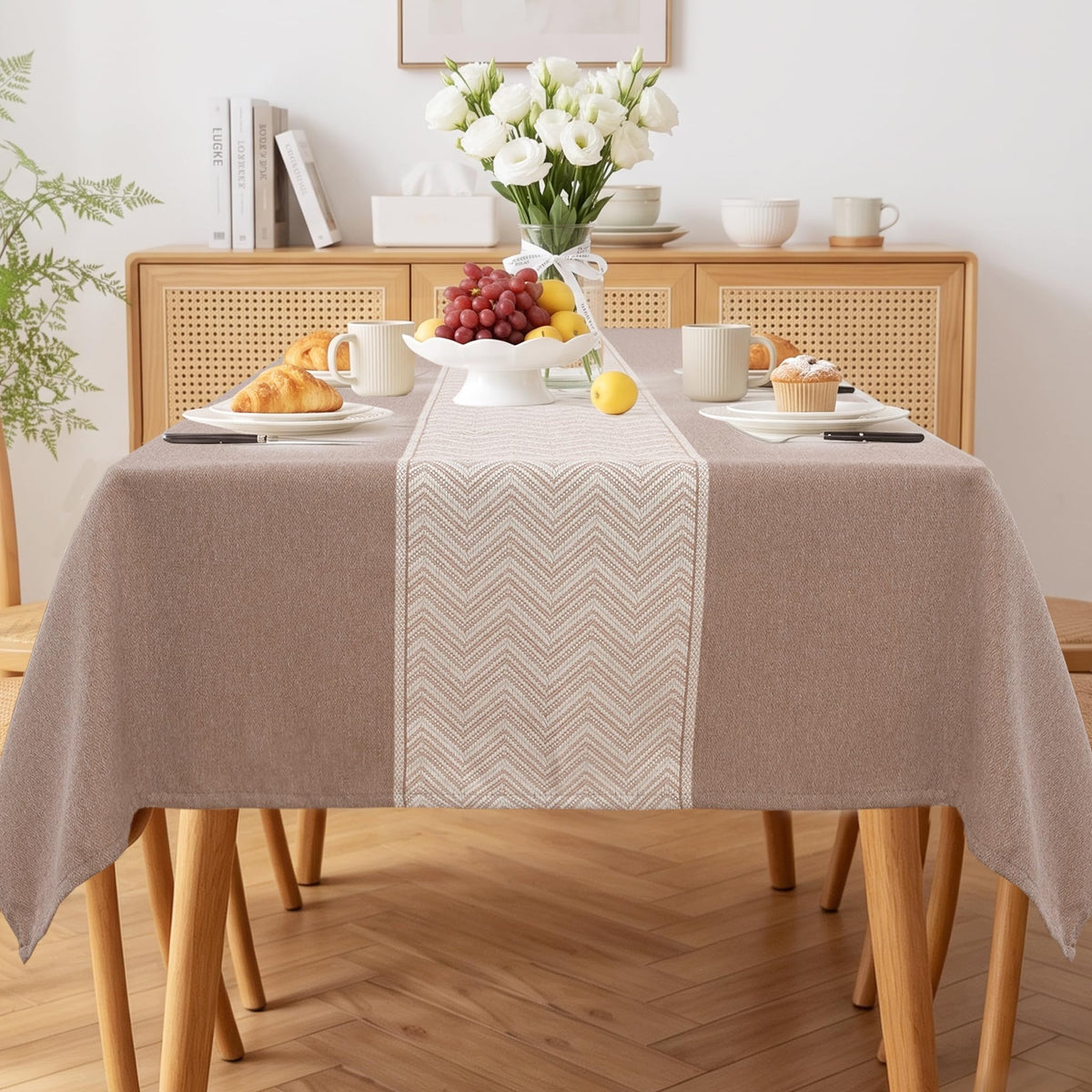 JIUZHEN Round Table Cloth Faux Linen Farmhouse Tablecloth Wrinkle and Stain Resistant Decorative Fabric Table Cover for Kitchen, Dining Room, Parties and Camping, Beige, 120 Inch Round