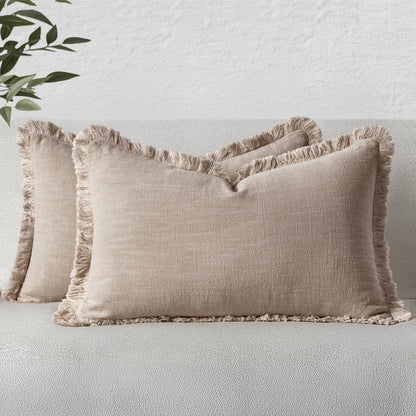 MIULEE Linen Fringe Decorative Throw Pillow Covers Natural Beige 20x20