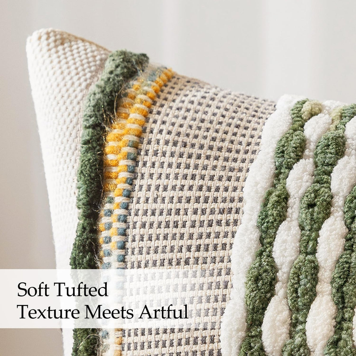 ANRODUO Boho Decorative Pillow Covers Olive Green Stripe 18x18 Pack of 2