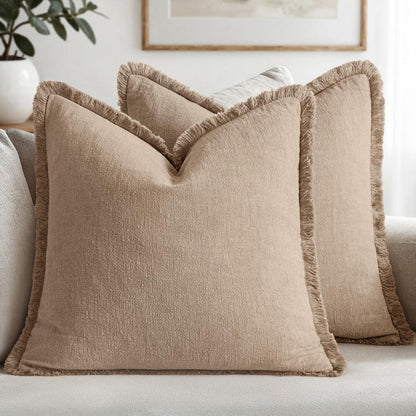 MIULEE Linen Fringe Decorative Throw Pillow Covers Natural Beige 20x20
