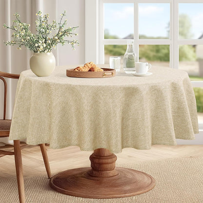 JIUZHEN Round Table Cloth Faux Linen Farmhouse Tablecloth Wrinkle and Stain Resistant Decorative Fabric Table Cover for Kitchen, Dining Room, Parties and Camping, Beige, 120 Inch Round