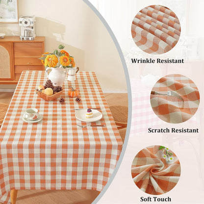 Alsoo Checkered Tablecloth Rectangle Gingham Table Cloth Washable Cotton Linen Fall Thanksgiving Buffalo Plaid Table Cover for Picnic Kitchen Dining Room, Orange and White, 60 * 75 inch