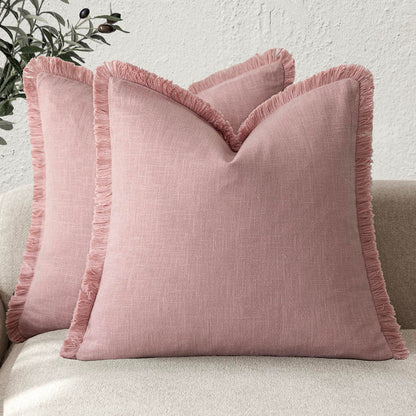 Foindtower Decorative Linen Fringe Throw Pillow Covers 20×20 Olive Green