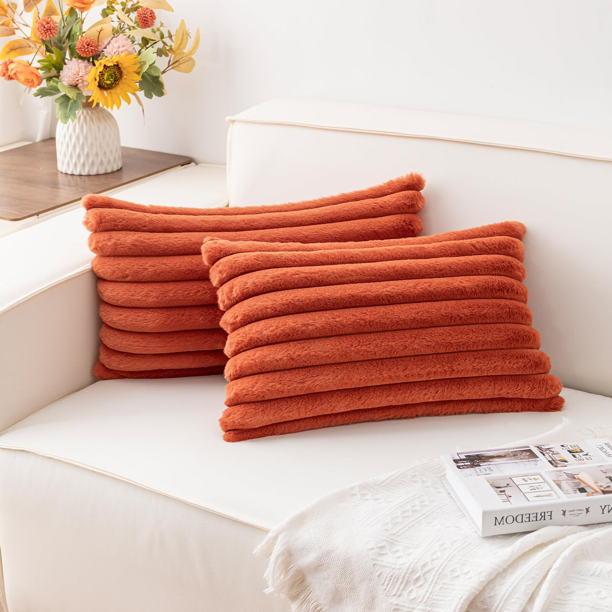Pack of 2 Faux Fur Christmas Throw Pillow Covers 18x18 Inch, Cream White