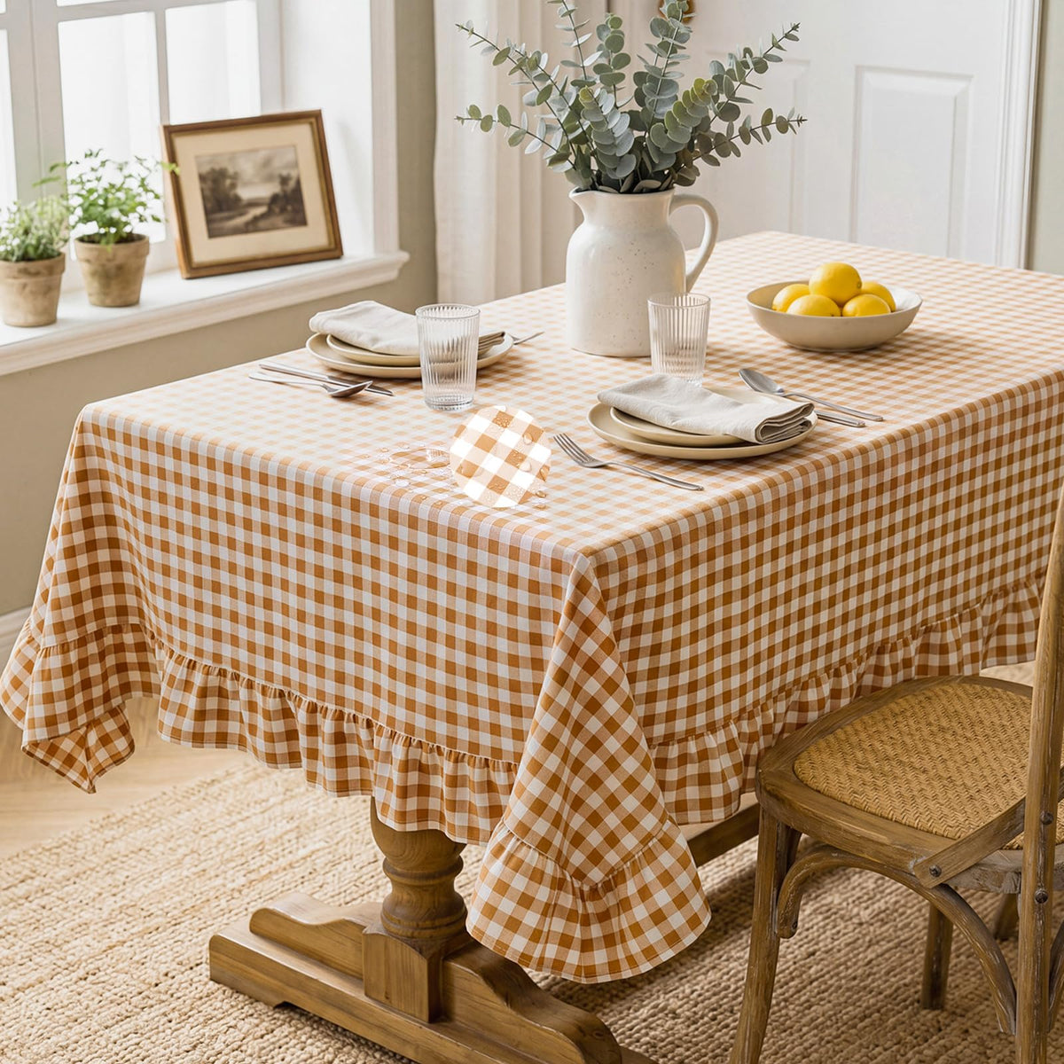 Mindsoft Light Pink Gingham Ruffled Tablecloth, 52 x 70 Inches, Rectangle