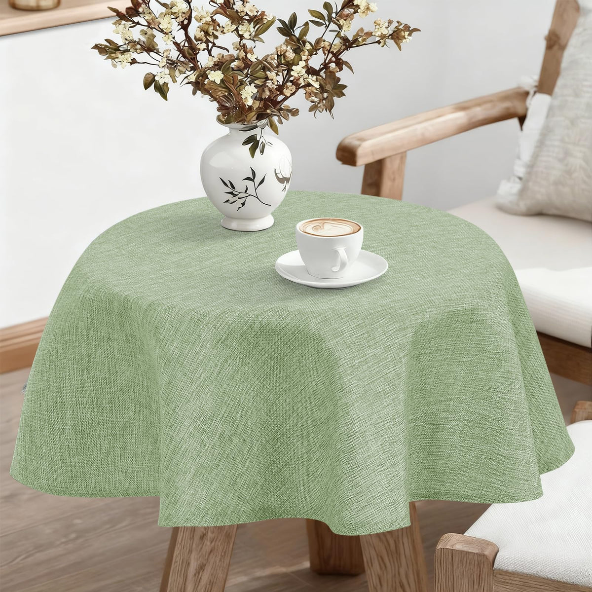 JIUZHEN Round Table Cloth Faux Linen Farmhouse Tablecloth Wrinkle and Stain Resistant Decorative Fabric Table Cover for Kitchen, Dining Room, Parties and Camping, Beige, 120 Inch Round