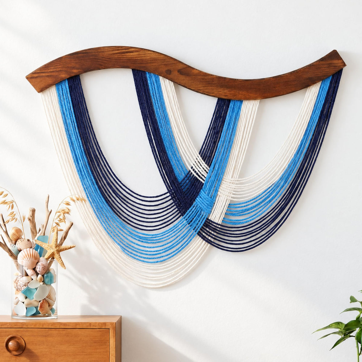 Green Macrame Wall Hanging Dip Dyed Yarn Wall Art, Modern Boho Decor