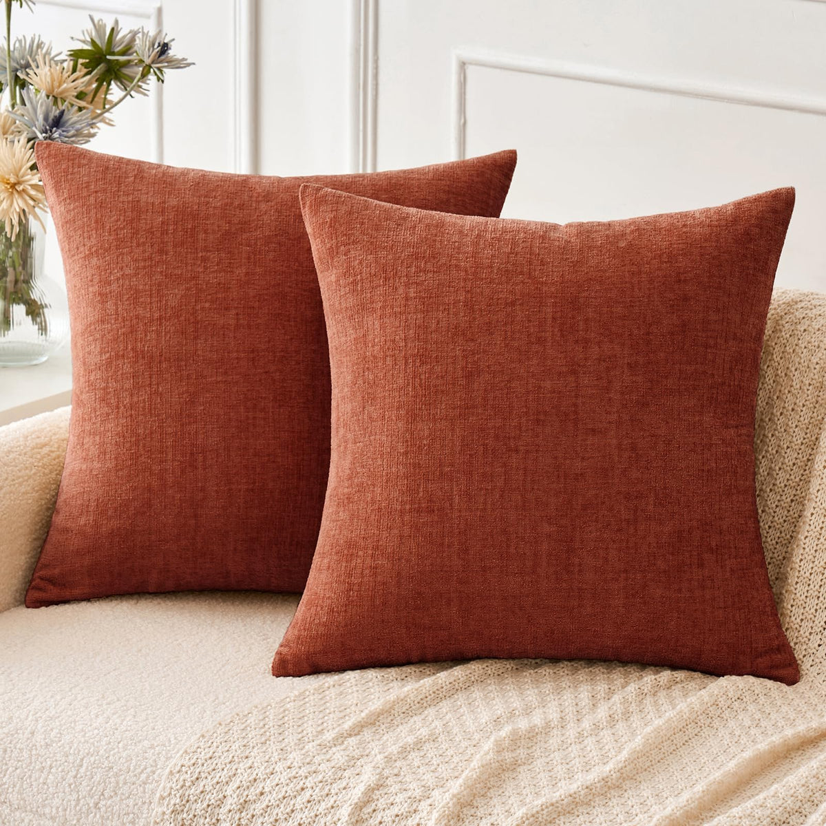 MIULEE Soft Chenille Fall Throw Pillow Covers Burnt Orange 18x18 Pack of 2