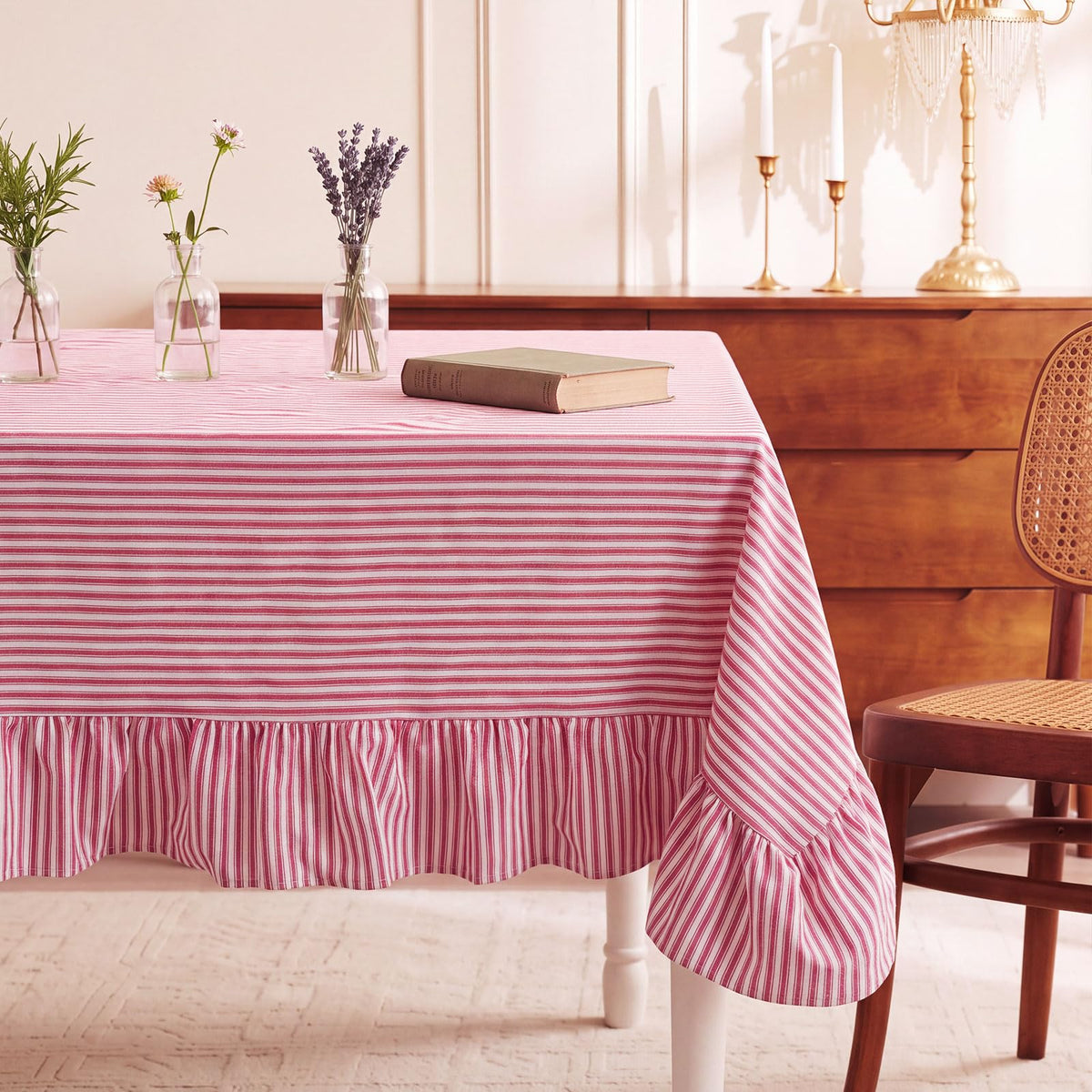 Moukeren 60 x 120 in Farmhouse Ruffle Striped Tablecloth, Pink, Striped