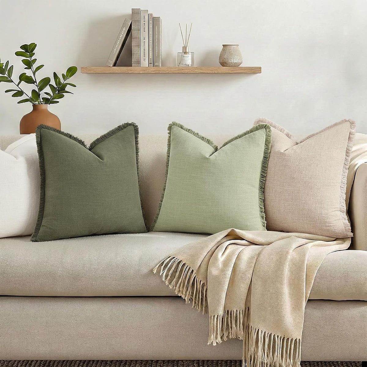 decorUhome Linen Fringe Natural Beige Throw Pillow Covers 18x18 Set of 2