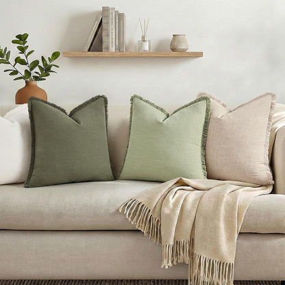 decorUhome Linen Fringe Natural Beige Throw Pillow Covers 18x18 Set of 2