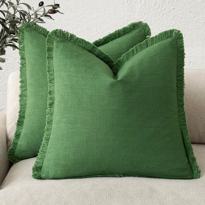Foindtower Decorative Linen Fringe Throw Pillow Covers 20×20 Olive Green