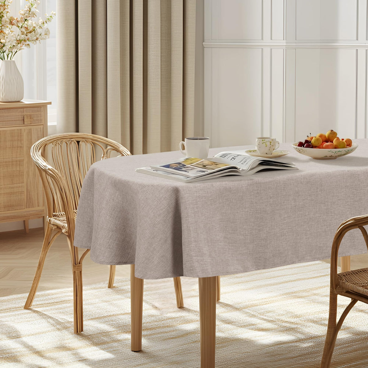 JIUZHEN Round Table Cloth Faux Linen Farmhouse Tablecloth Wrinkle and Stain Resistant Decorative Fabric Table Cover for Kitchen, Dining Room, Parties and Camping, Beige, 120 Inch Round
