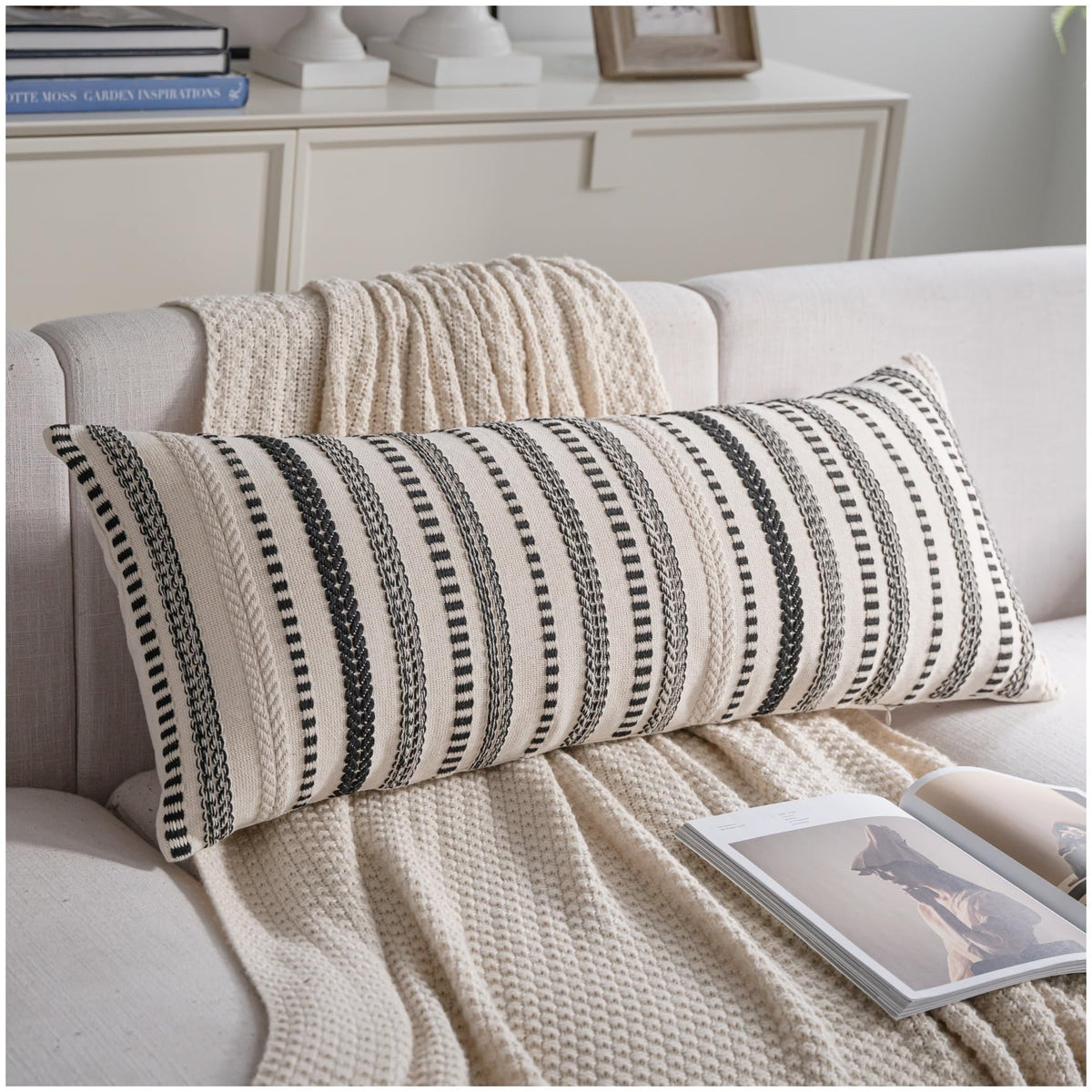 Cethom Navy Blue Boho Throw Pillow Covers 18x18 Inch Set of 2, Stripe Textured Decorative Couch Pillow Cases for Bed, Sofa, Living Room, Bedroom, Farmhouse Home Accent Cushion Covers