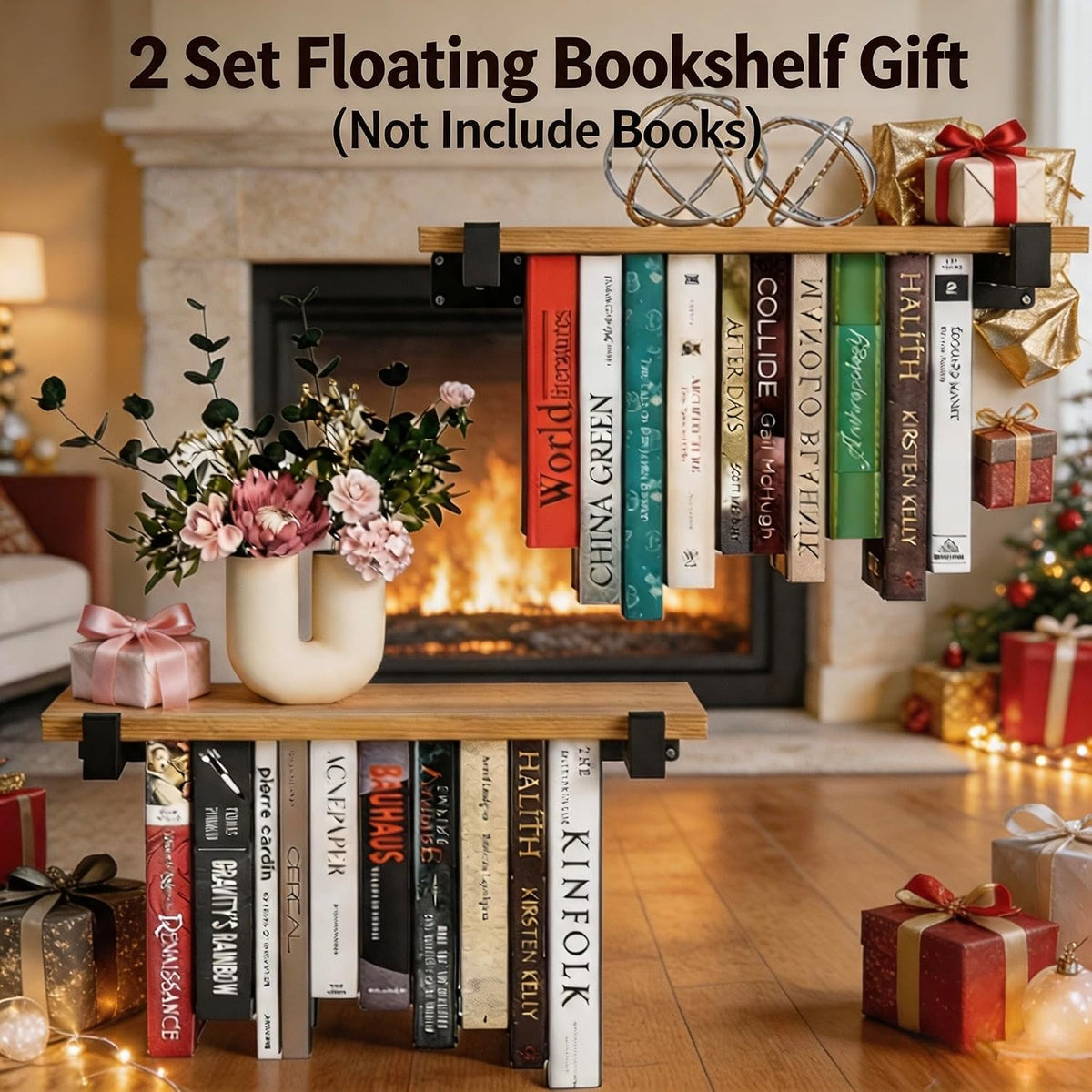NANATI 2 Set of Floating Bookshelf, Pine Wood Invisible Bookshelf, Hanging Bookshelves for Wall, Unique Space Saving Wall Bookcase (16.5L×8.7W×1.5H)