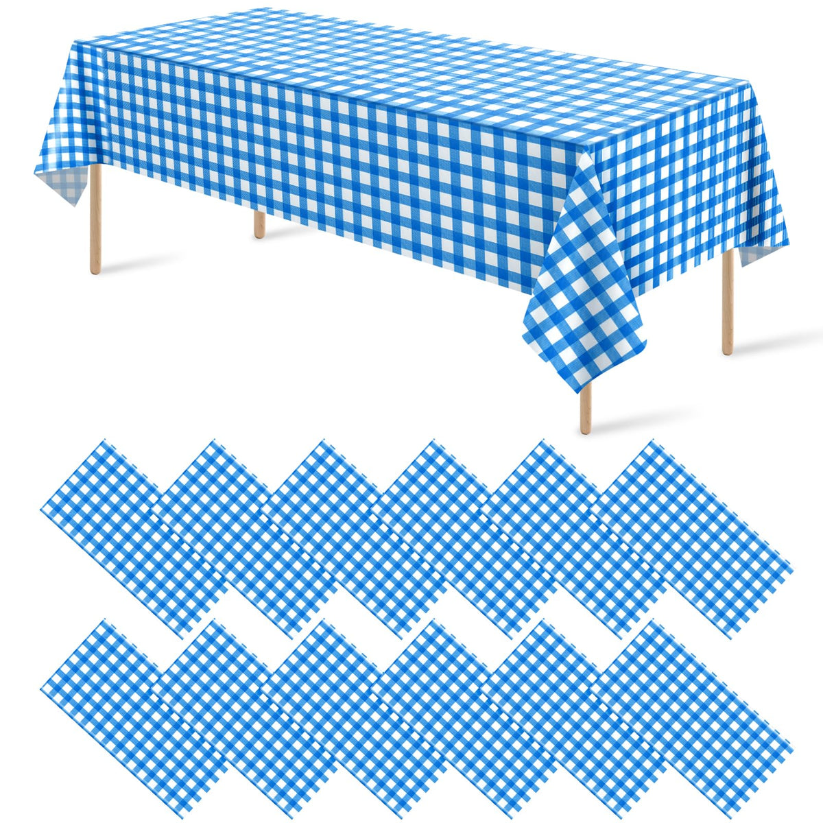12 Pack Blue and White Plastic Checkered Tablecloth, Premium Decorative Disposable Blue Gingham Plaid Table Cloths for Parties, Rectangle Party Table Cover for Picnic Farm Birthday Wedding, 54x108Inch
