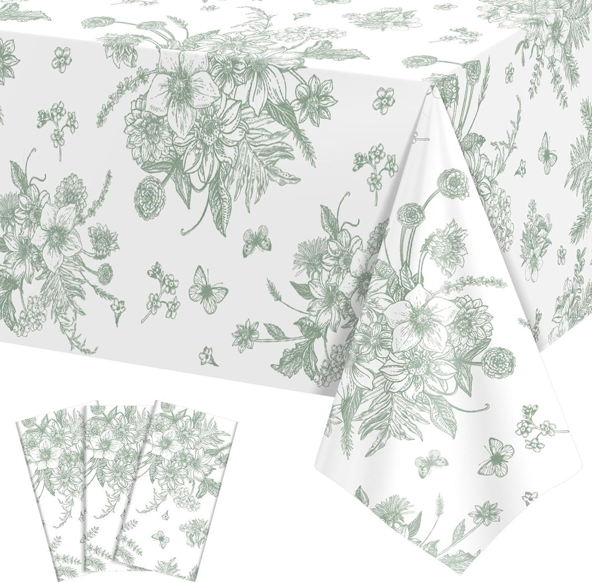 NatNarr 3 Pack Sage Green Floral Plastic Tablecloths, Tea Party Tablecloth