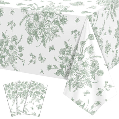 NatNarr 3 Pack Sage Green Floral Plastic Tablecloths, Tea Party Tablecloth