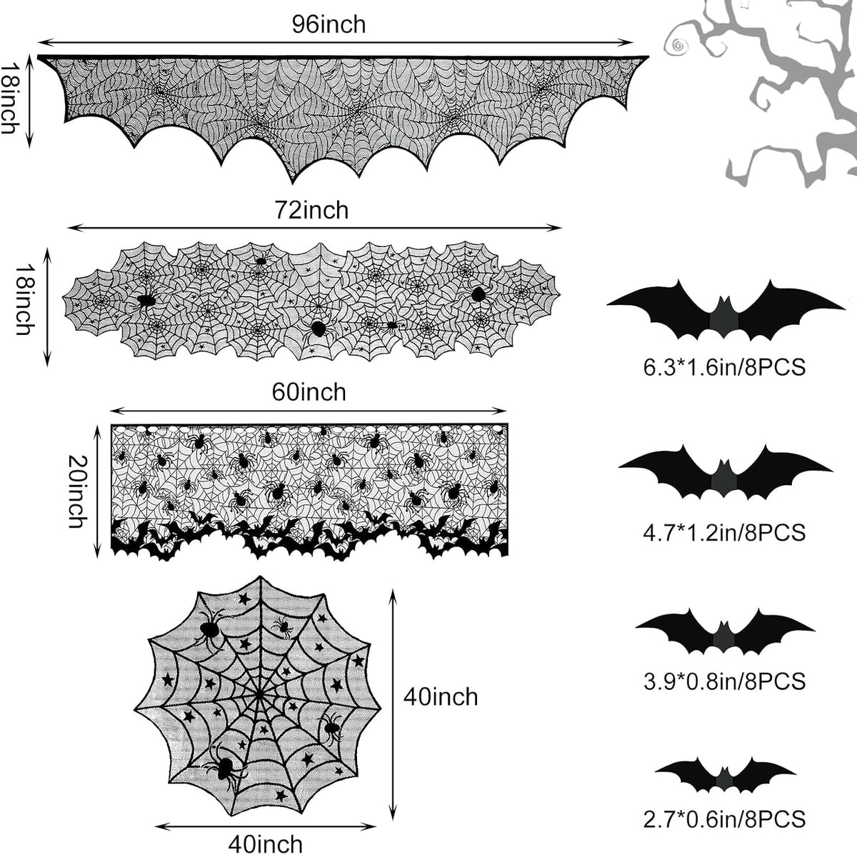 5Pack Halloween Spiderweb Tablecloth Runner Fireplace Scarf Lampshade Bats
