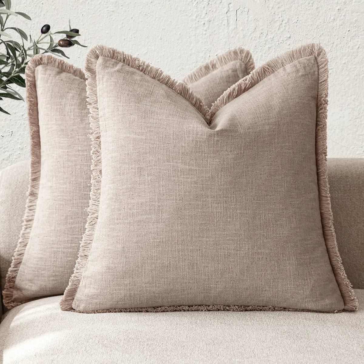 Foindtower Decorative Linen Fringe Throw Pillow Covers 20×20 Olive Green
