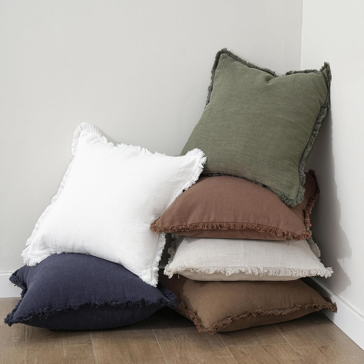 Foindtower Decorative Linen Fringe Throw Pillow Covers 20×20 Olive Green