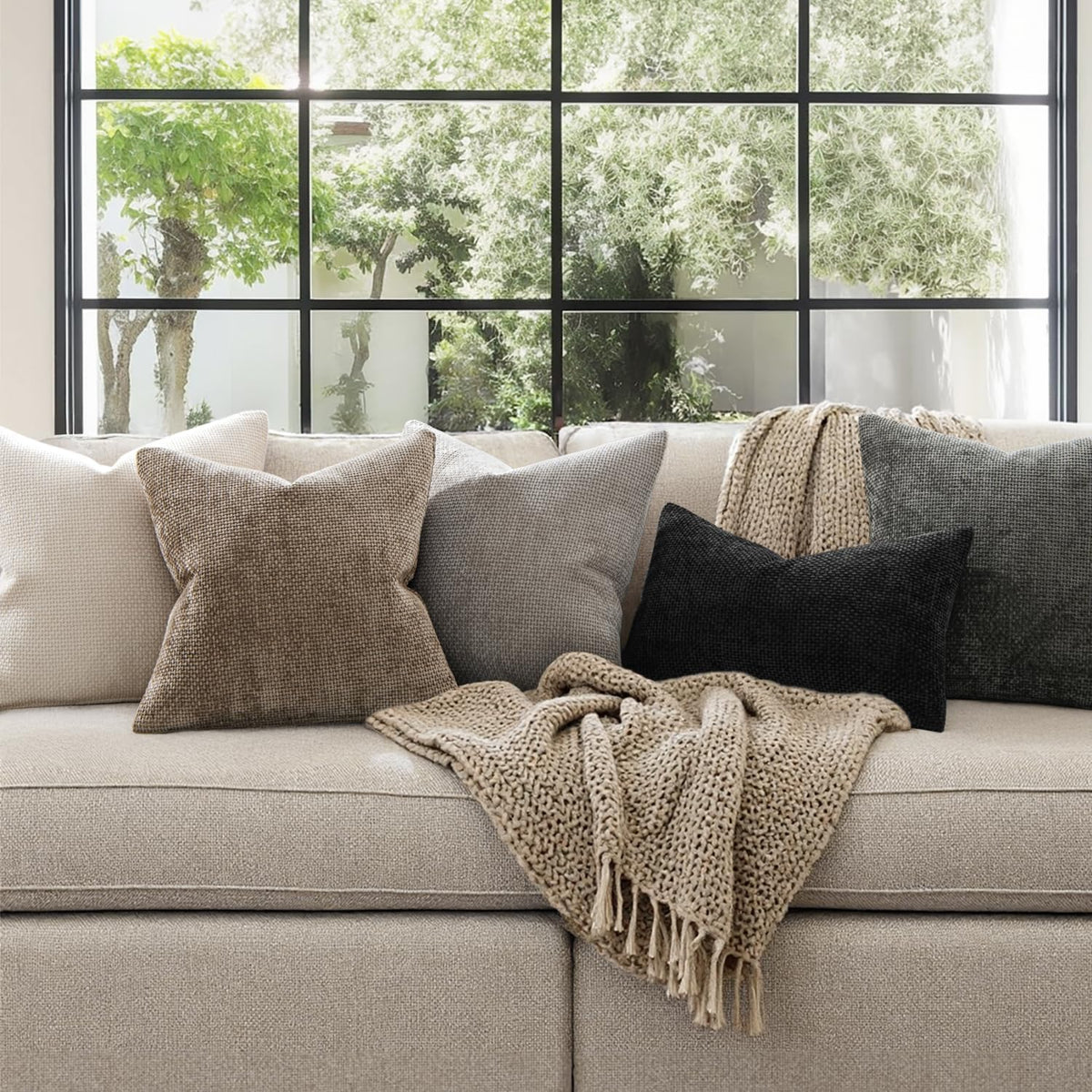 MIULEE Decorative Couch Throw Pillow Covers 18x18 Inch Neutral Beige 2 Pack