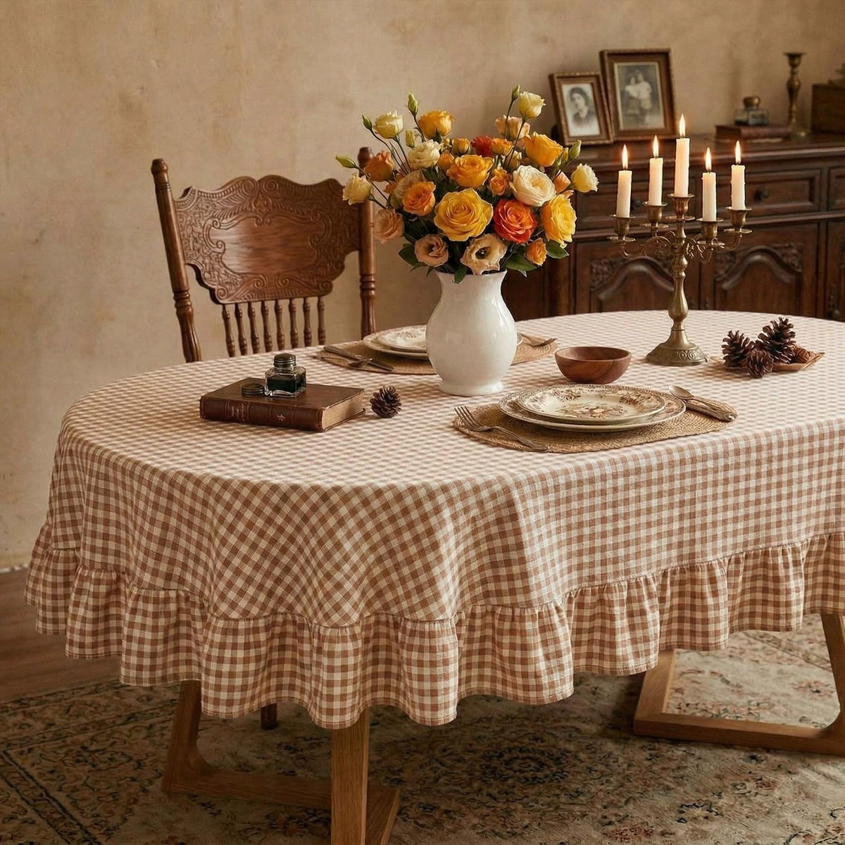 Mindsoft Light Pink Gingham Ruffled Tablecloth, 52 x 70 Inches, Rectangle