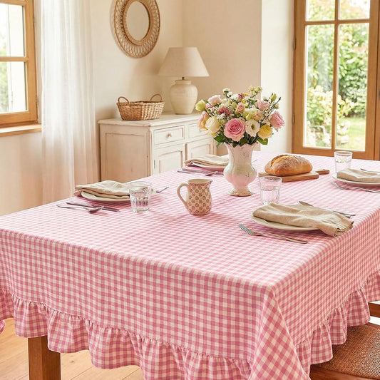 Mindsoft Light Pink Gingham Ruffled Tablecloth, 52 x 70 Inches, Rectangle