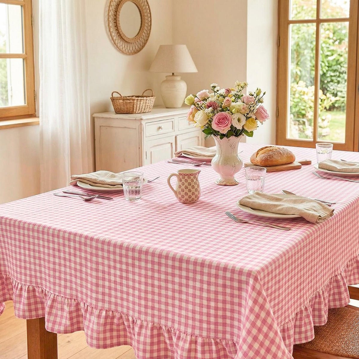 Mindsoft Light Pink Gingham Ruffled Tablecloth, 52 x 70 Inches, Rectangle