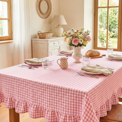 Mindsoft Light Pink Gingham Ruffled Tablecloth, 52 x 70 Inches, Rectangle