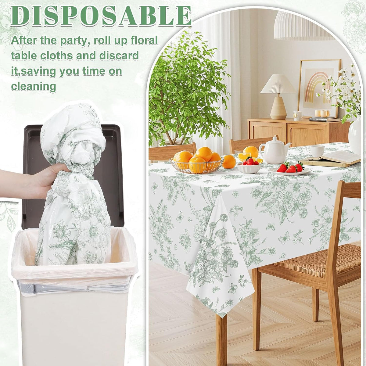 NatNarr 3 Pack Sage Green Floral Plastic Tablecloths, Tea Party Tablecloth